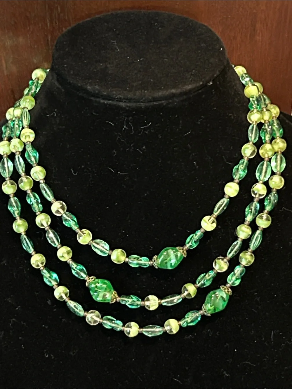 Czech Green Lamp Glass Bead Necklace with Brass Filigree Caps